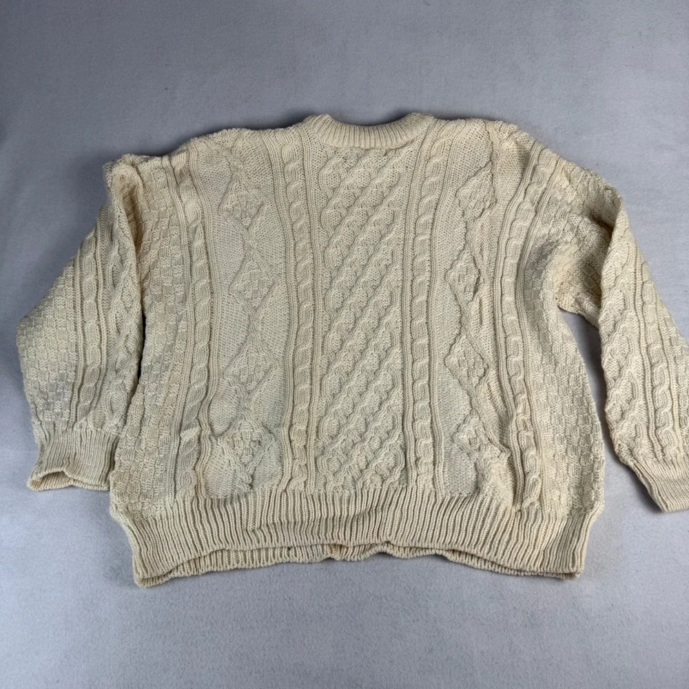 Callan Ireland Men's Cream 100% Pure Merino Wool Aran Cable Knit Sweater XL